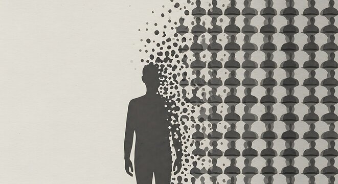 man silhouette dissolving into digital particles technology