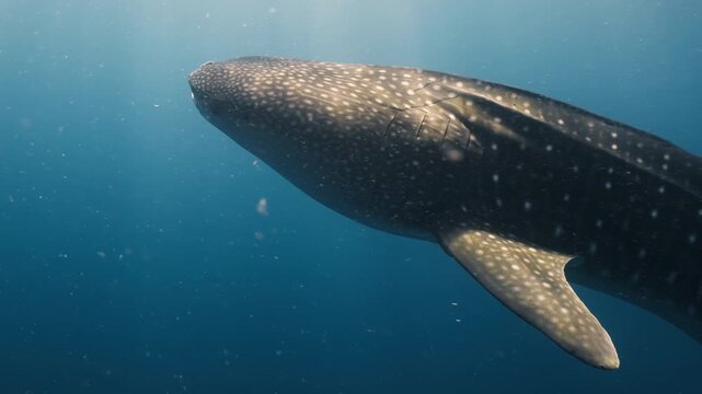 A whale shark moves gracefully through sunlit waters, showcasing its distinctive patterns. Suitable for marine life documentaries and educational content.