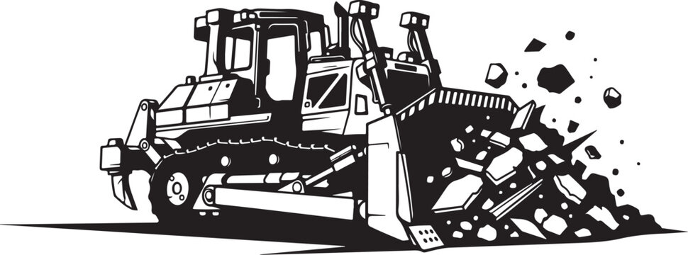 Bulldozer, heavy equipment, construction vehicle, industrial machine, black and white vector