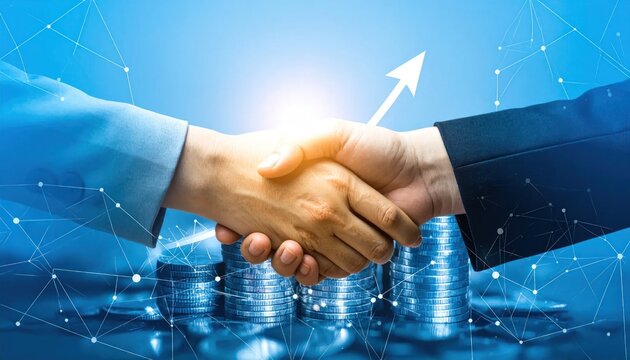Business professionals shaking hands over stacks of coins with abstract network background and upward arrow symbolizing financial growth