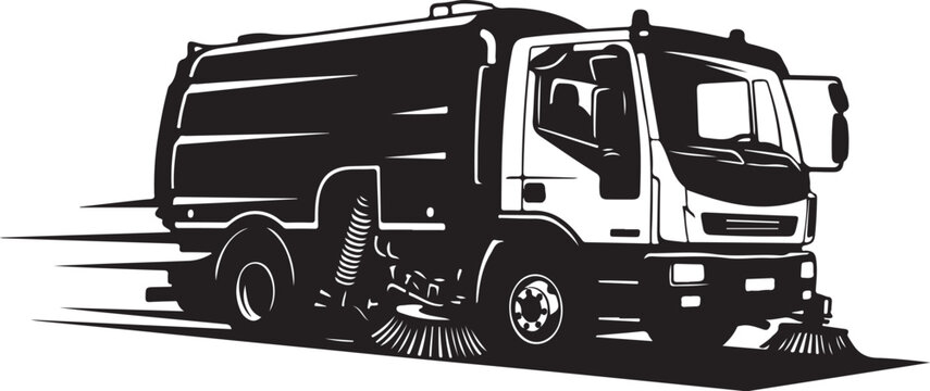 Street Sweeper Truck, Road Cleaning Vehicle, Urban Maintenance Truck, Black Vector Illustration