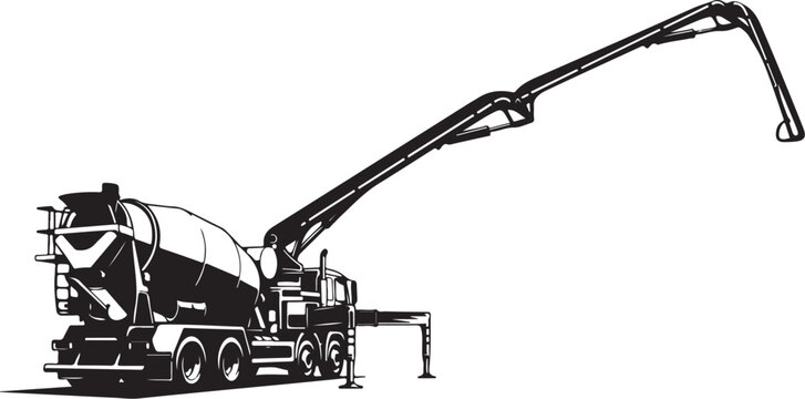 Concrete pump truck, construction vehicle, industrial equipment, black and white vector