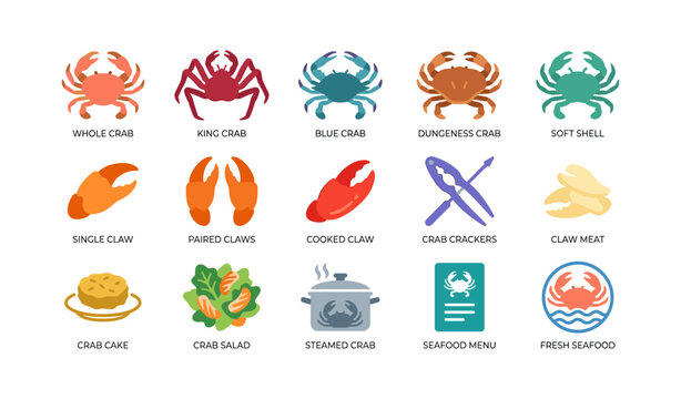 Crab and claw icons showing species and dishes on white background