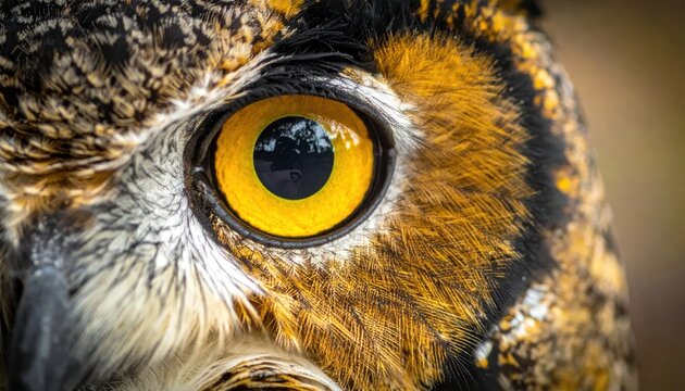 Captivating close-up of a Great Horned Owl's striking bright yellow eye revealing intricate feather patterns and a focused gaze.
