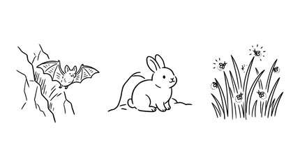 Fototapeta premium Bat, Bunny, and Bees in a Nature Scene