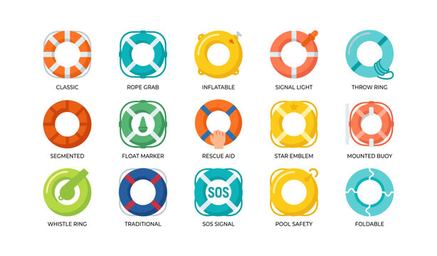 Lifebuoy and rescue ring icons showing buoy styles on white background