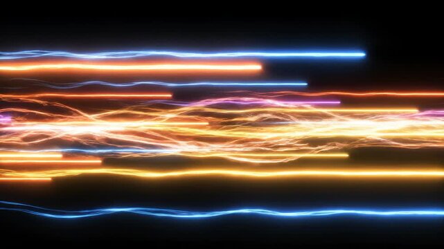 Colorful neon light streaks on black ideal for sleek commercial backgrounds and title sequences