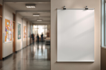 Naklejka premium Blank Poster in a School Hallway with Blurred Students in Motion and Notice