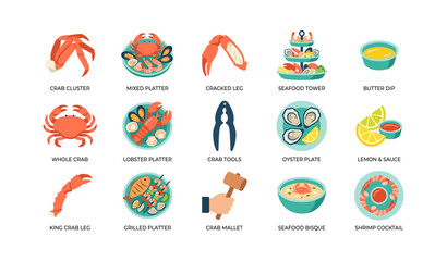 Obraz premium Seafood and crab icons arranged in grid on white background