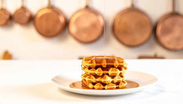 Close-up of a stack of golden brown waffles being generously drizzled with sweet maple syrup served on a white plate in a bright kitchen setting.