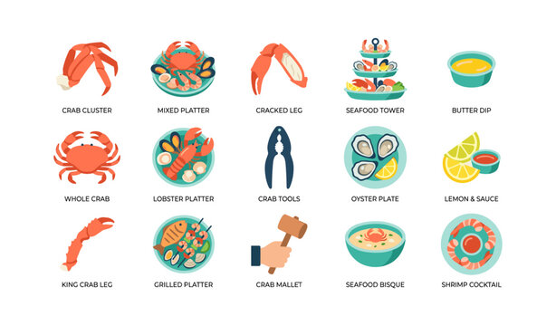 Seafood and crab icons arranged in grid on white background