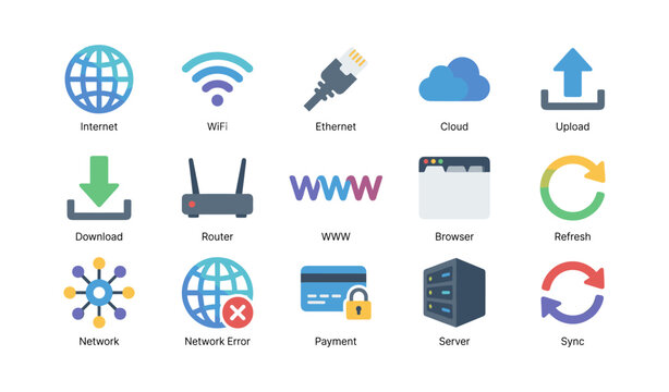 Internet and network icons arranged in grid on white background