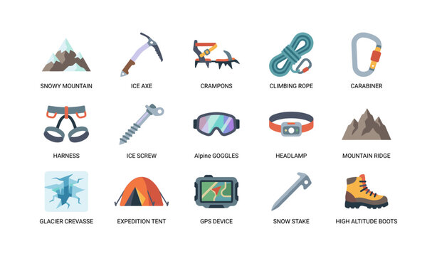 Mountaineering equipment icons displayed on white background