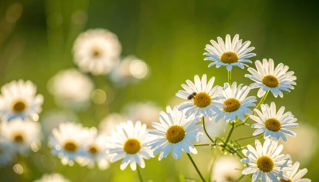 Close-up of beautiful white and yellow daisies backlit by warm morning sun in a vibrant green meadow with a small insect on a flower head