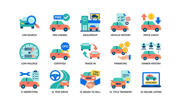 Car sales and listing icons arranged in grid on white background