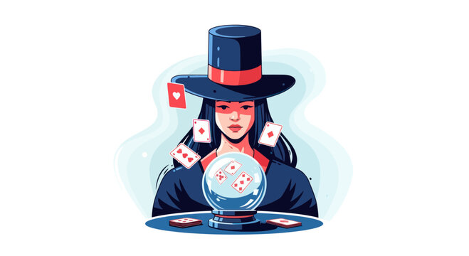 Fortune Teller Woman with Crystal Ball, Cards, and Top Hat