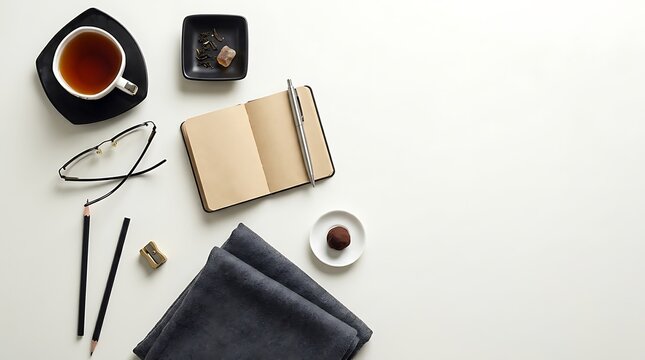 Minimal workspace with notebook coffee glasses and stationery on clean desk background