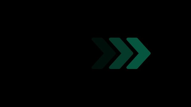 Dark background with three overlapping green chevron arrows pointing right symbolizing progress forward movement direction and growth