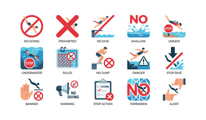Fototapeta premium No diving and prohibition icons displayed on white background