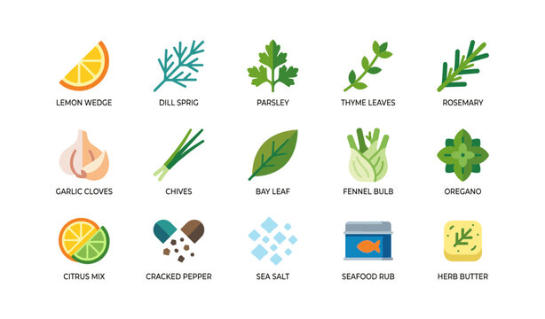 Herb and seasoning icons showing ingredients on white background