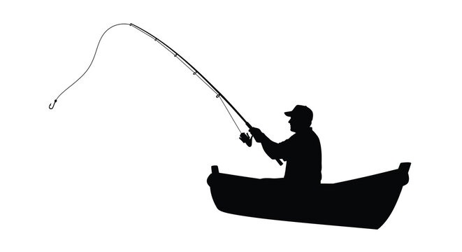 Fisherman in boat with fishing rod black silhouette high quality