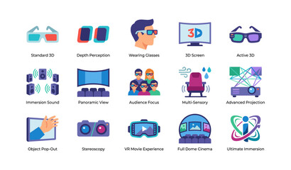 Fototapeta premium Immersive 3d cinema and virtual reality icons displayed grid