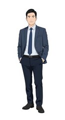 Fototapeta premium Confident young entrepreneur in business suit standing with hands in pockets on white background, professional modern male leader