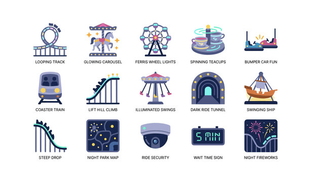 Amusement park ride icons arranged on white background set