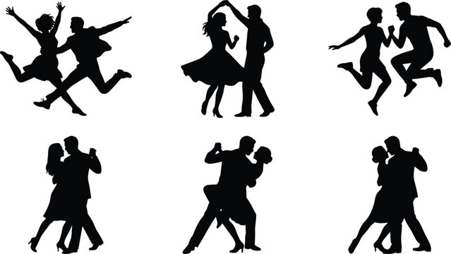 Dancing Couple Silhouette Collection Set with Ballroom Romance and Partner Dance Poses