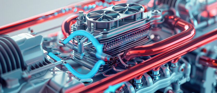 Close-up of high-end graphics card with glowing blue-red RGB lighting. Massive heatsink, spinning fan, liquid cooling tubes in transparent red wrap motherboard components in dramatic cyberpunk tech at