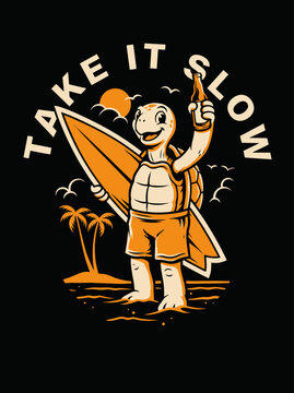 Smiling cartoon turtle holds surfboard.