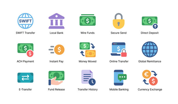Banking and transfer icons showing payment methods on white