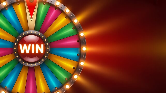 Colorful spinning wheel with win text representing game show prize and luck concept