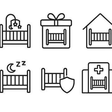 Baby crib icon set: gift, protection, hospital, sleep, home themes