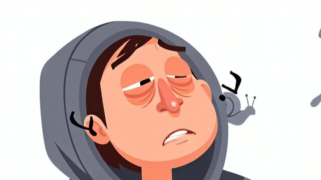 Depressed Man in Hoodie with Sluggish Snails Illustration. 4K Video
