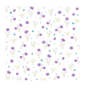 Flowers seamless pattern on violet and green colors on white background. For fabric, wrapping, web. Vector illustration
