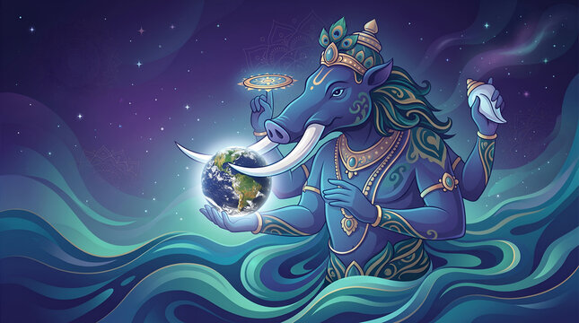 Lord Vishnu Varaha Avatar &ndash; Divine Boar Incarnation with Chakra and Shankha