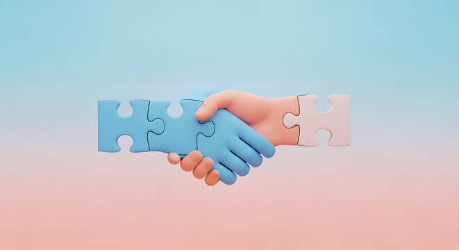 Conceptual 3D illustration of a handshake formed by puzzle pieces, symbolizing partnership and collaboration in business