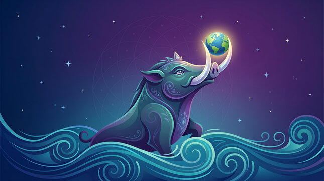 Lord Vishnu Varaha Avatar &ndash; Cosmic Boar Lifting Earth from Ocean Waves