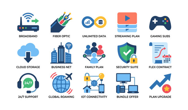 Network and service plan icons showing connectivity and features