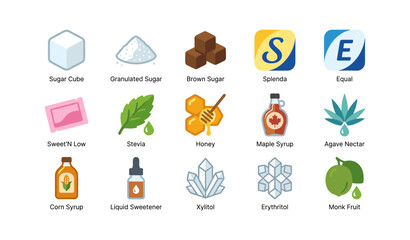 Fototapeta premium Sweetener types and substitutes arranged in labeled grid on white