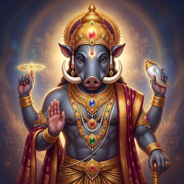 Lord Vishnu Varaha Avatar &ndash; Divine Boar Incarnation with Chakra and Shankha
