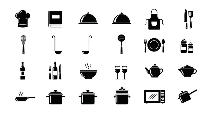 Culinary icons collection a comprehensive set of black silhouette illustrations for cooking and restaurant themes