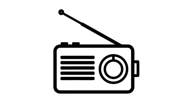 Simple black and white line drawing of a vintage portable radio with extended antenna