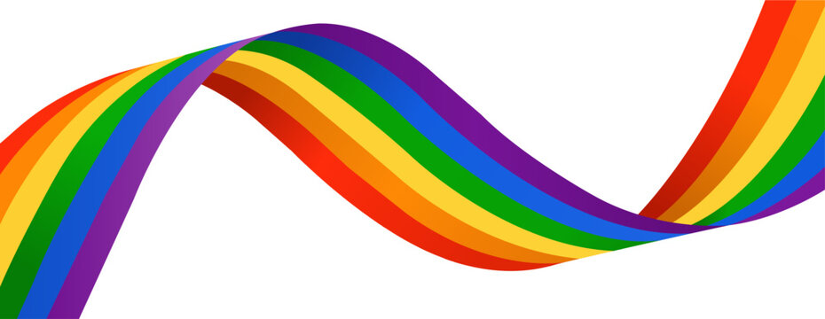 Rainbow wavy ribbon design element. LGBTQ pride flag background with colorful wave flow. Abstract banner vector for diversity, equality and love
