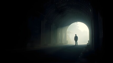 Fototapeta premium Silhouette of a lone figure standing in a dimly lit tunnel with light emanating from the end