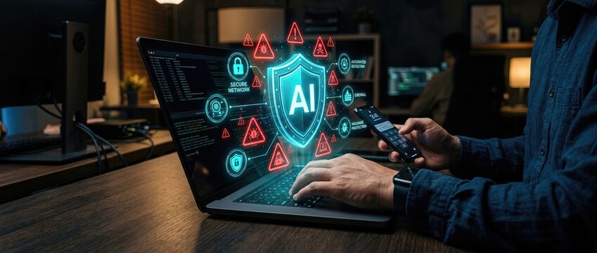 Exploring ai security threats and solutions in cybersecurity digital workspace user engagement technological environment close-up view data protection concept
