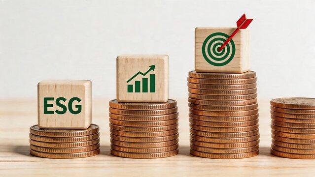 ESG concept sustainability cube with green text on stacked coins corporate growth chart bar graph arrow going up symbolizing positive impact target with red dart hitting bullseye