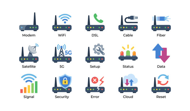 Router and network icons showing connection types and status