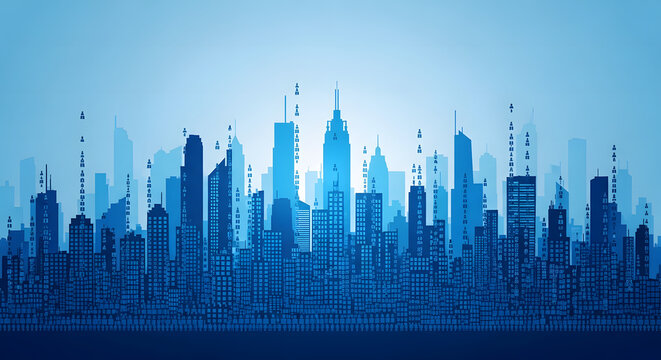 Urban skyline with population data overlay representing high density and urban growth.

